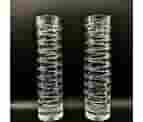 Pair Of Block Crystal Cut Crystal, Cylindrical Vases 12" Tall X 3" Wide Heavy Contemporary Double Helix Spiral Cut Column Vases,